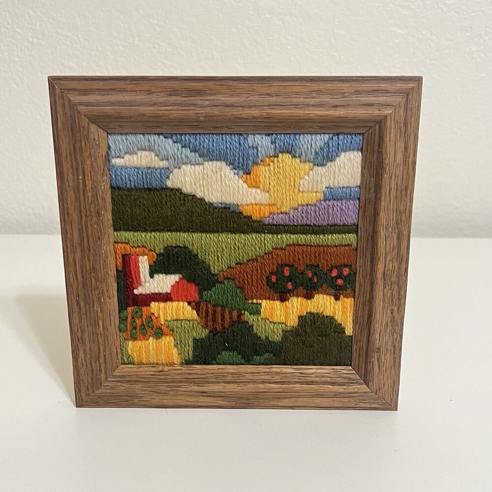 Vintage Rural Farm Scene Needlepoint Longstitch Completed Art in Frame